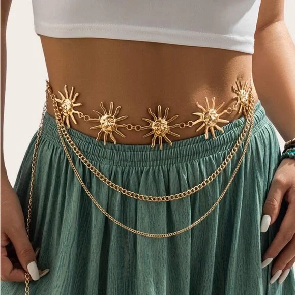 1pc Trendy Western Women Sun Decor Layered Vintage Chain Belt For Dress - Picture 1 of 5